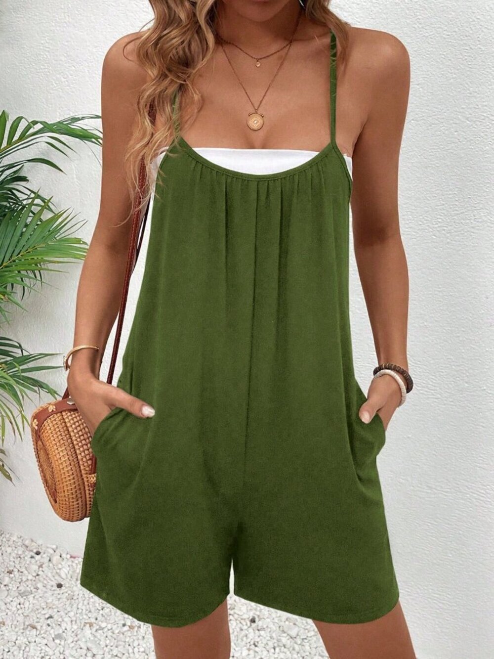 Green Casual Women's Spaghetti Strap Romper Short